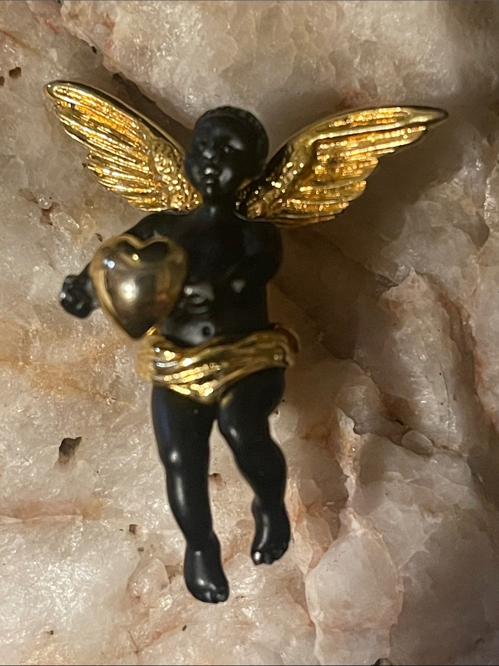 Coreen Simpson Black and Gold Cherub Brooch - Heart Accent